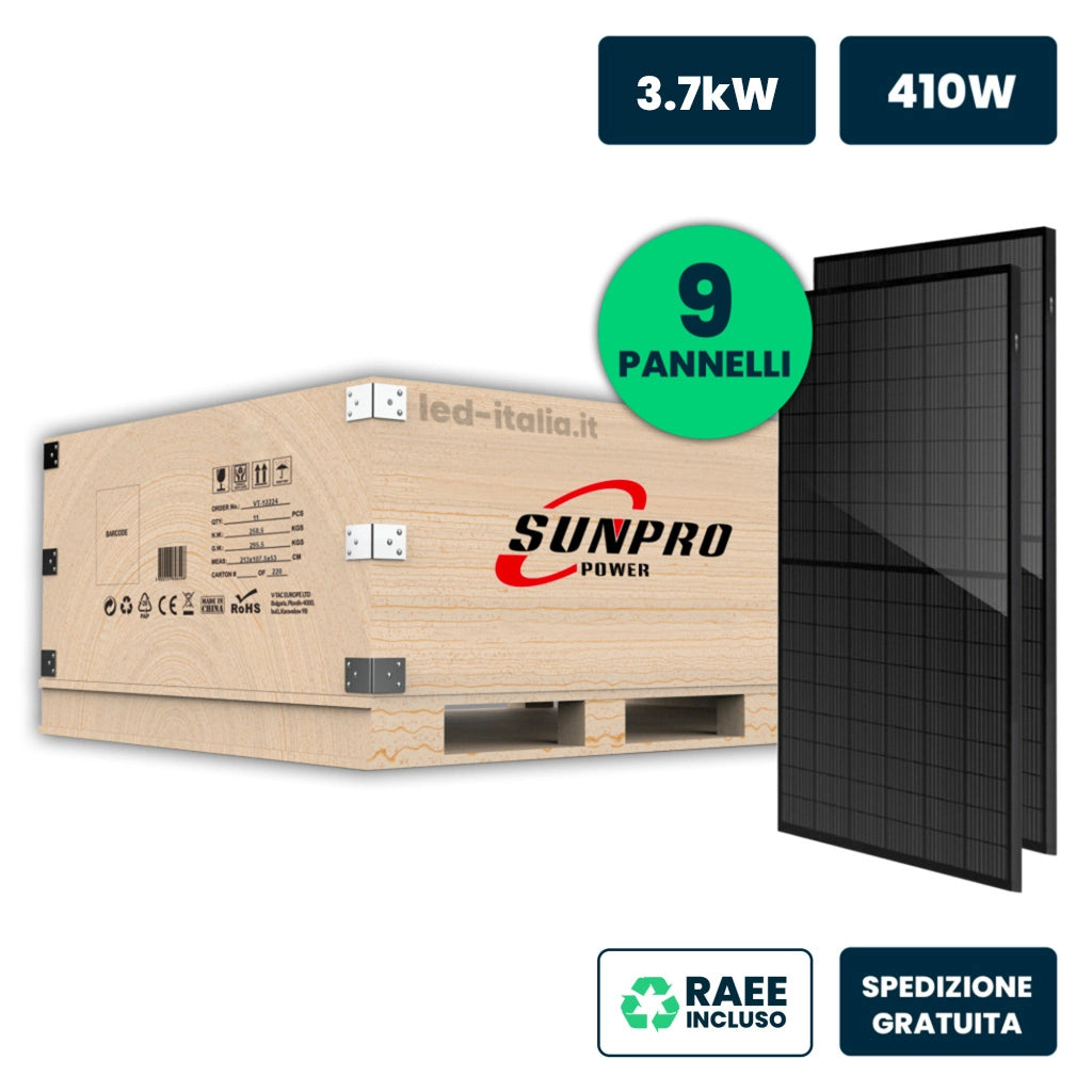 V-TAC Set 3.7kW (3690W) con 9 Moduli Fotovoltaici SUNPRO TIER-1 da 410W Monocristallini Full Black IP67/IP68 (SKU 11912)