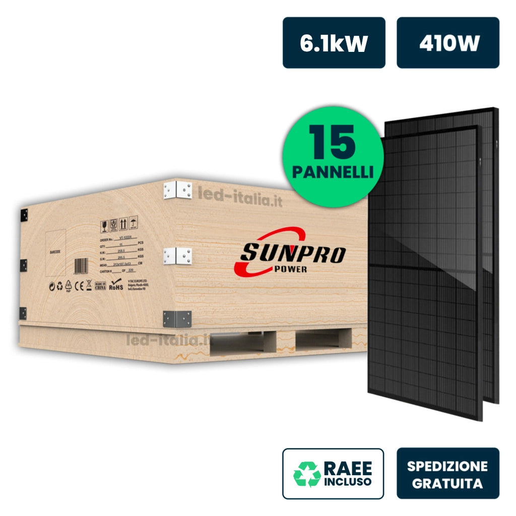 V-TAC Set 6.1kW (6150W) con 15 Moduli Fotovoltaici SUNPRO TIER-1 da 410W Monocristallini Full Black IP67/IP68 (SKU 11912)