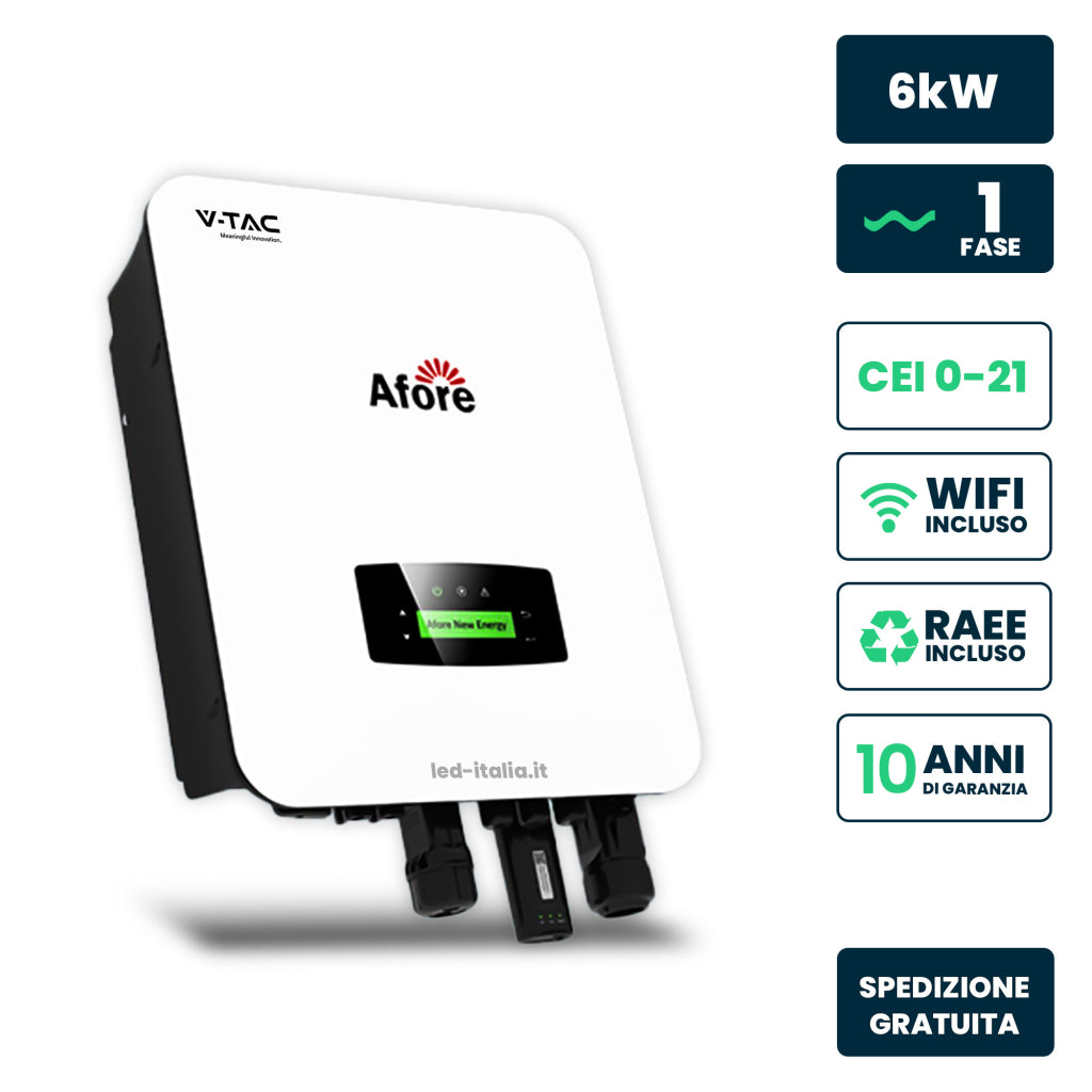 V-TAC Inverter Fotovoltaico Afore Monofase Ibrido On-Grid/Off-Grid 6kW con Meter Integrato WiFi e TA Inclusi Garanzia 10 Anni IP65