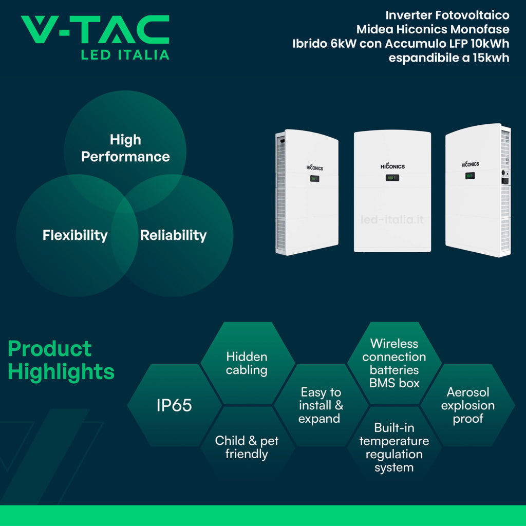 V-TAC Inverter Fotovoltaico Hiconics HiEnergy (Midea) Monofase Ibrido ALL-IN-ONE Alta Tensione 6kW On Grid/Off Grid con Accumulo LFP 10kWh, CEI 0-21 Garanzia 10 Anni IP65