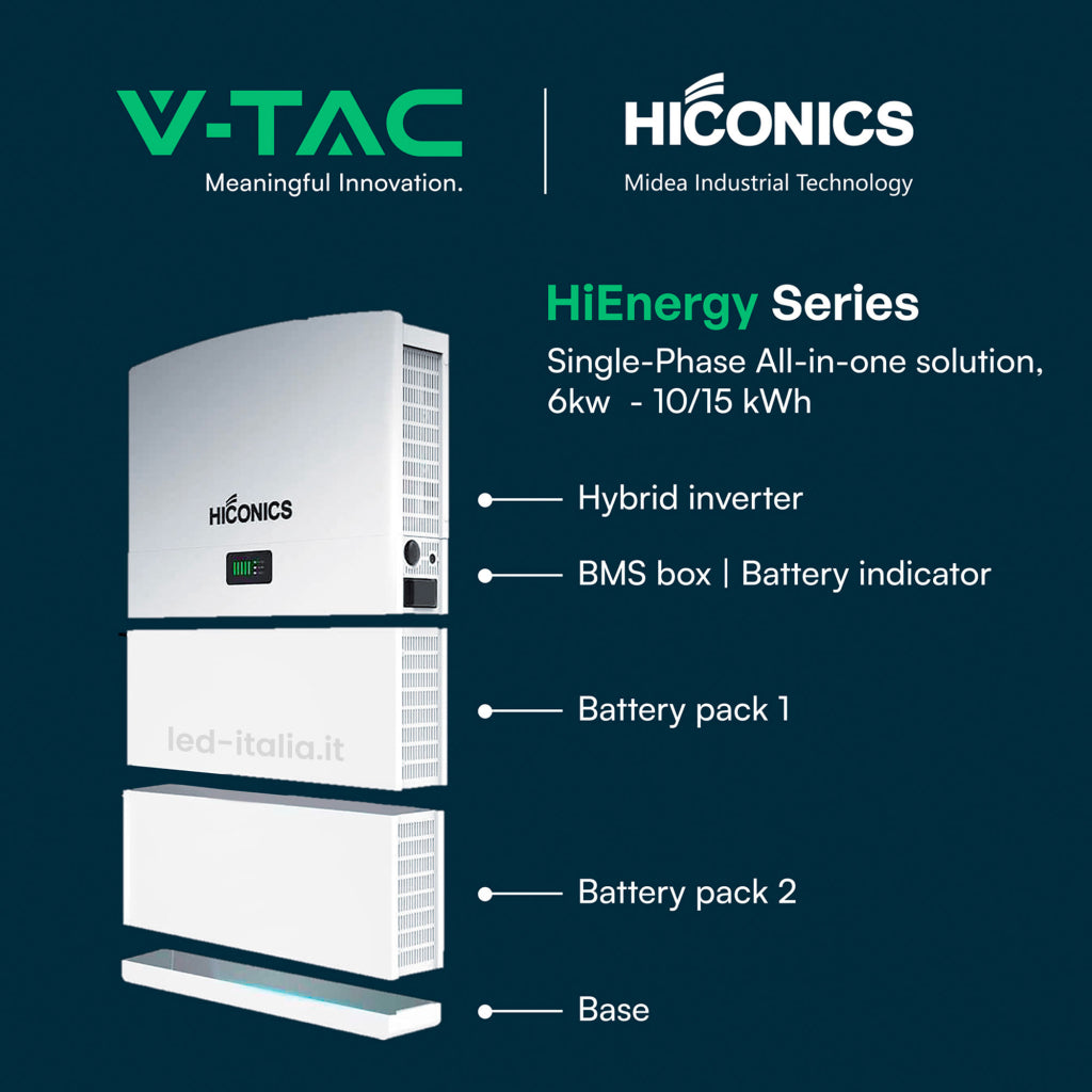 V-TAC Inverter Fotovoltaico Hiconics HiEnergy (Midea) Monofase Ibrido ALL-IN-ONE Alta Tensione 6kW On Grid/Off Grid con Accumulo LFP 10kWh, CEI 0-21 Garanzia 10 Anni IP65