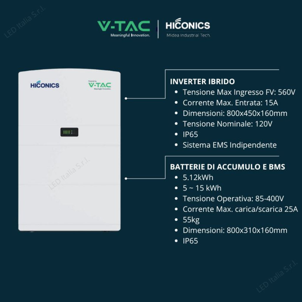 V-TAC Inverter Fotovoltaico Hiconics HiEnergy (Midea) Monofase Ibrido ALL-IN-ONE Alta Tensione 6kW On Grid/Off Grid con Accumulo LFP 10kWh, CEI 0-21 Garanzia 10 Anni IP65