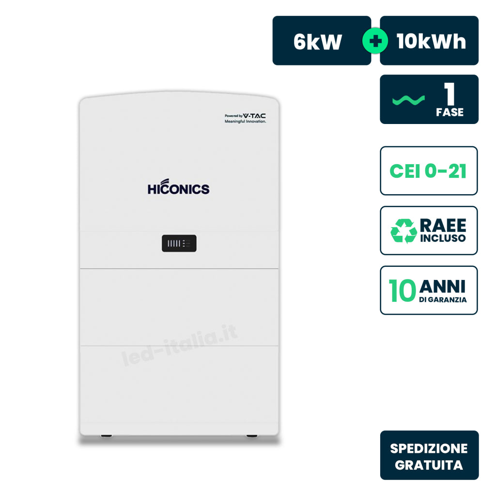 V-TAC Inverter Fotovoltaico Hiconics HiEnergy (Midea) Monofase Ibrido ALL-IN-ONE Alta Tensione 6kW On Grid/Off Grid con Accumulo LFP 10kWh, CEI 0-21 Garanzia 10 Anni IP65