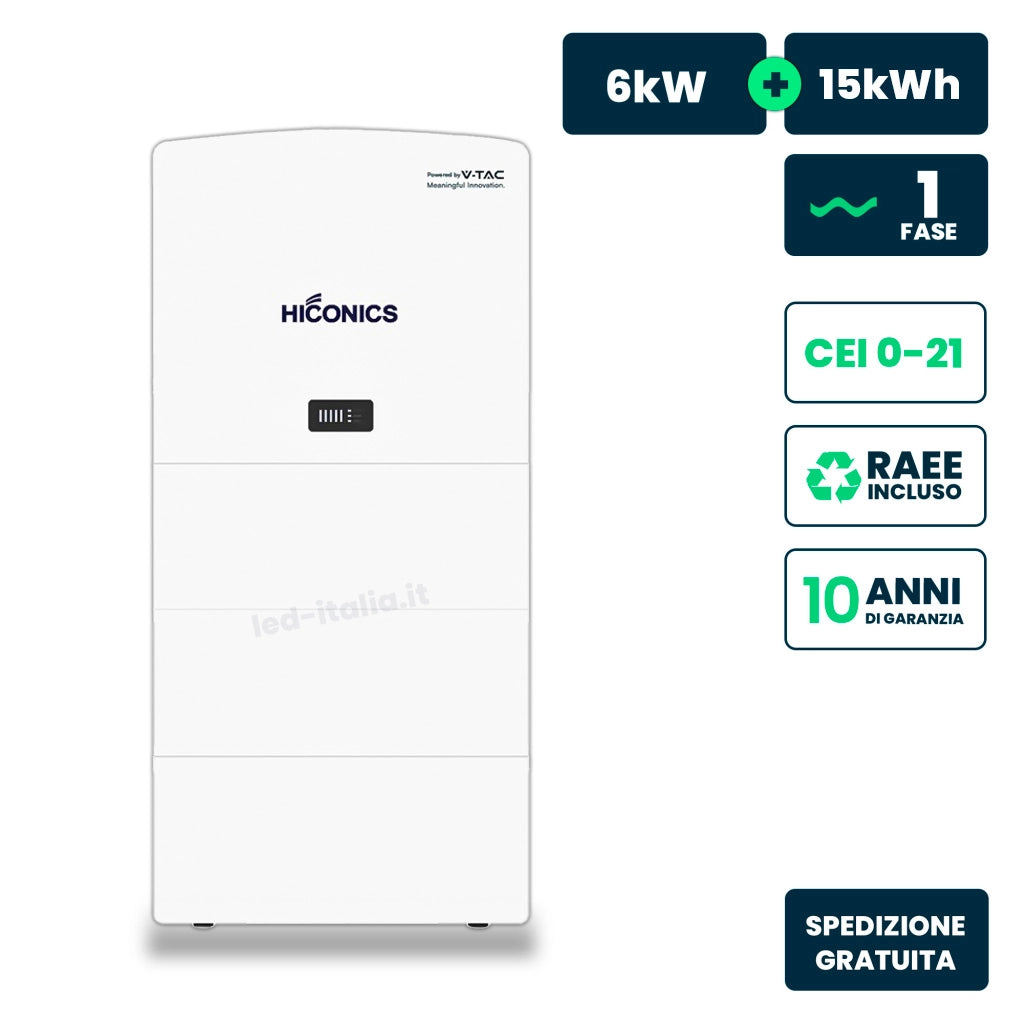 V-TAC Italia Inverter Fotovoltaico Hiconics HiEnergy (Midea) Monofase Ibrido ALL-IN-ONE Alta Tensione 6kW On Grid/Off Grid con Accumulo LFP 15kWh, CEI 0-21 Garanzia 10 Anni IP65