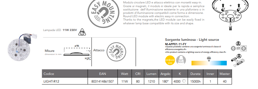 Lampada circolare LED attacco elettrico con morsetti 230V fissaggio a calamita luce natura 4000°k