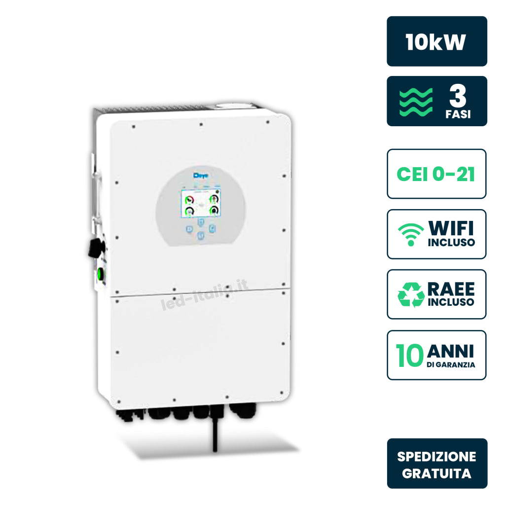 V-TAC Inverter Fotovoltaico Deye Trifase Ibrido ALTA TENSIONE On-Grid/Off-Grid 10kW CEI 0-21, Schermo LCD Touch a Colori WiFi e TA Inclusi, Garanzia 10 Anni IP65