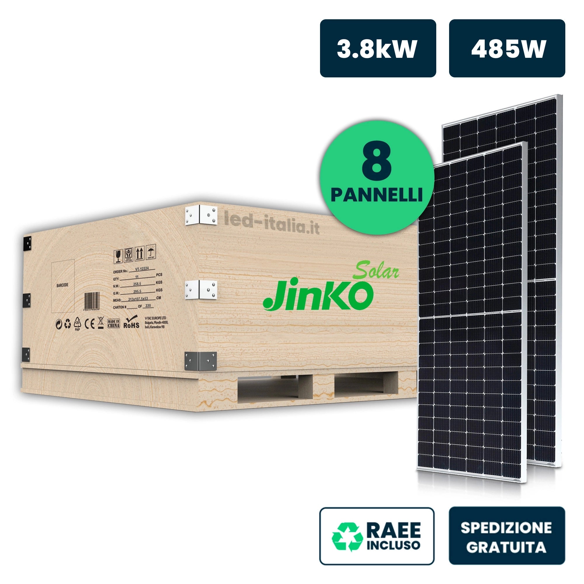 V-TAC Set 3.8kW (3880W) con 8 Moduli Fotovoltaici JINKO Solar TIER-1 da 485W Tiger Neo, Monocristallini N-Type TOPCon, Silver Frame IP67/IP68 (SKU 12262)