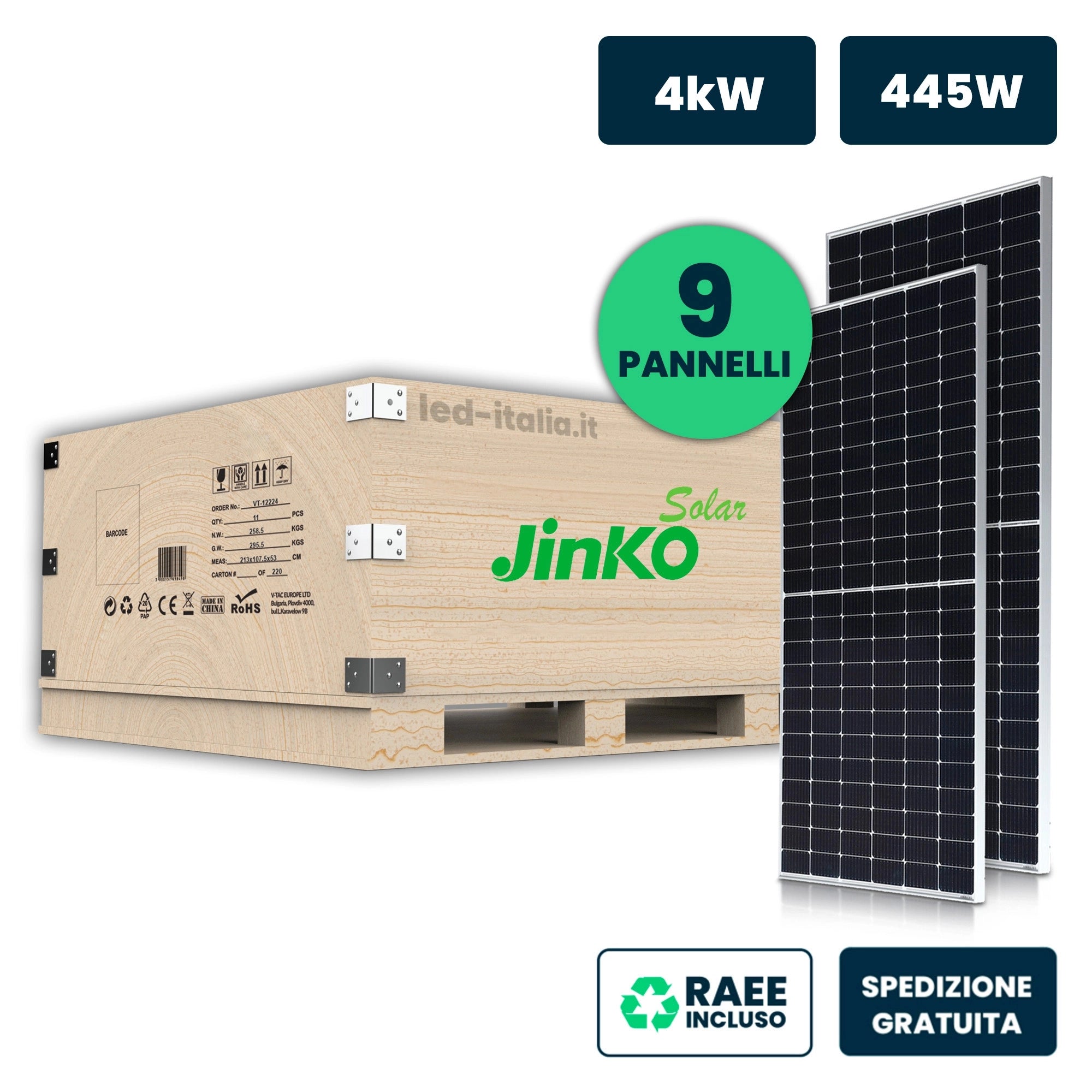 V-TAC Set 4kW (4005W) con 9 Moduli Fotovoltaici JINKO Solar TIER-1 da 445W Tiger Neo, Monocristallini N-Type TOPCon, Silver Frame IP67/IP68 (SKU 12264)