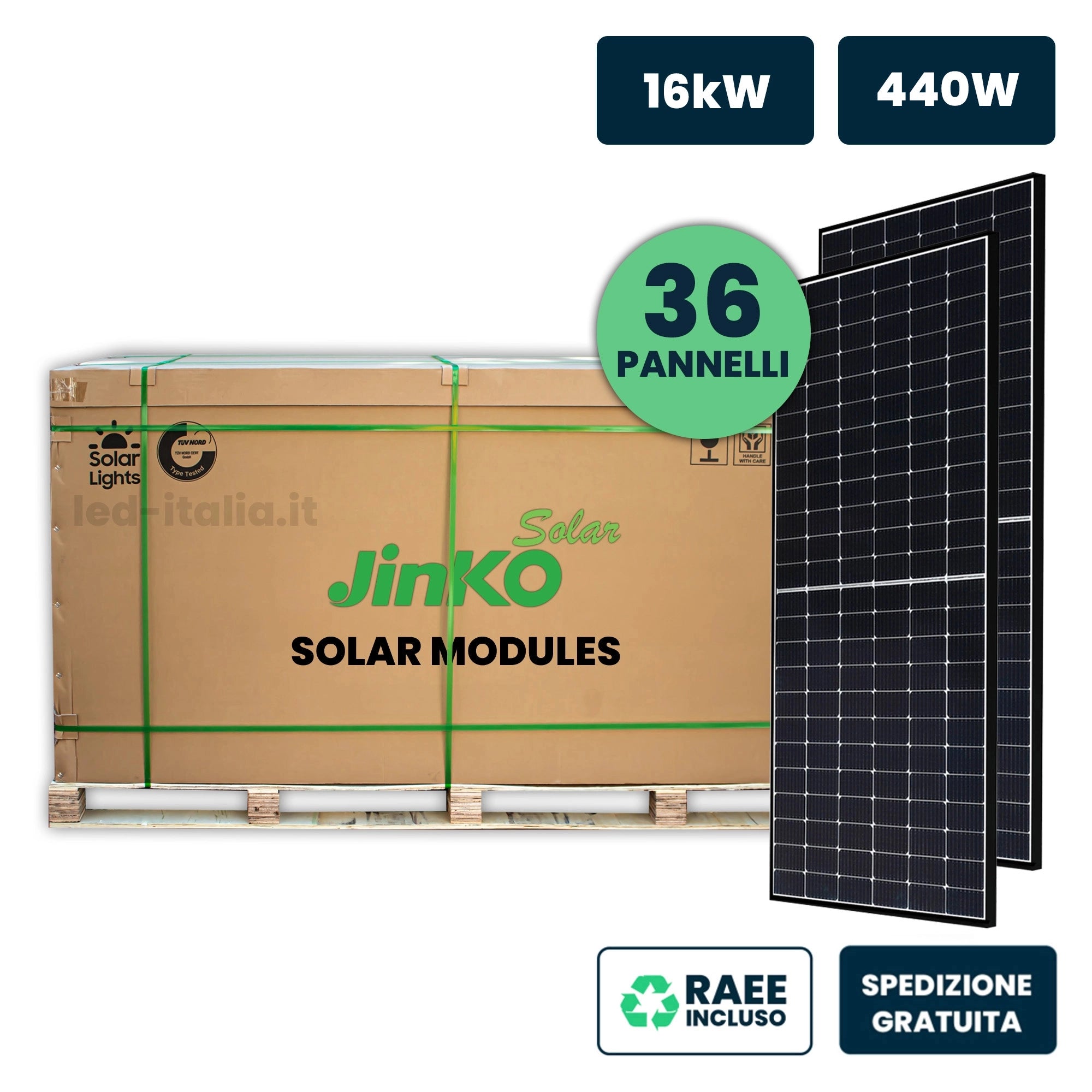 V-TAC Bancale 16kW con 36 Pannelli Solari Fotovoltaici Moduli 440W JINKO Solar TIER-1 Tiger Neo, Monocristallini N-Type TOPCon, Black Frame IP67/IP68 1762x1134x30mm (SKU 12302)