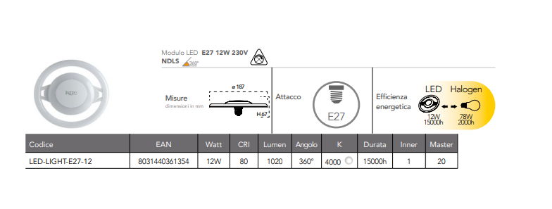 Circolare LED attacco E27 230V luce natura 4000°k