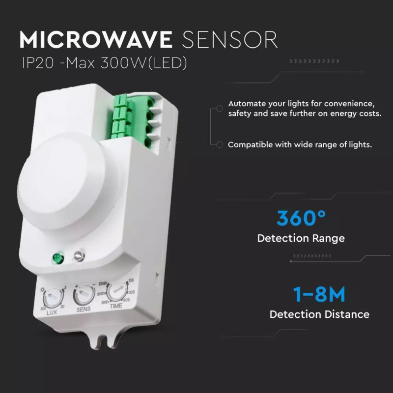 V-TAC Sensore di Movimento a Microonde 360° Montaggio a Plafone Colore Bianco (Max 300W) IP20