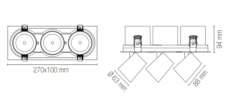 Faretto ad incasso antiriflesso con finitura bianco opaco e bordatura nero interna estraibile e orientabile a 350° INC-OUTSIDER 3 LUCI