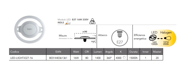 Circolare LED attacco E27 230V luce natura 4000°k