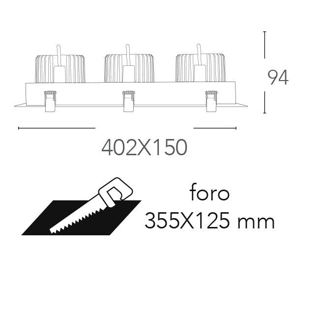 Faretto ad incasso antiriflesso con bordo bianco ed interno nero satinato orientabile INC-APOLLO 3 LUCI