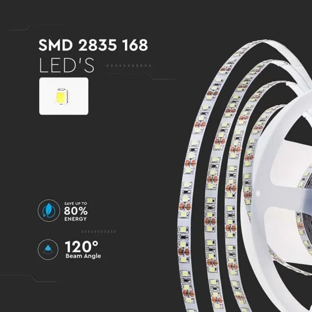 V-TAC Strip LED SMD2835 12W/m 5m 168 LED/m 140LM/W 24V IP20 10mm