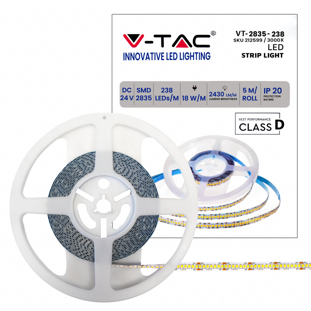 V-TAC Strip LED SMD2835 18W/m 5m 238 LED/m 135LM/W 24V IP20 10mm