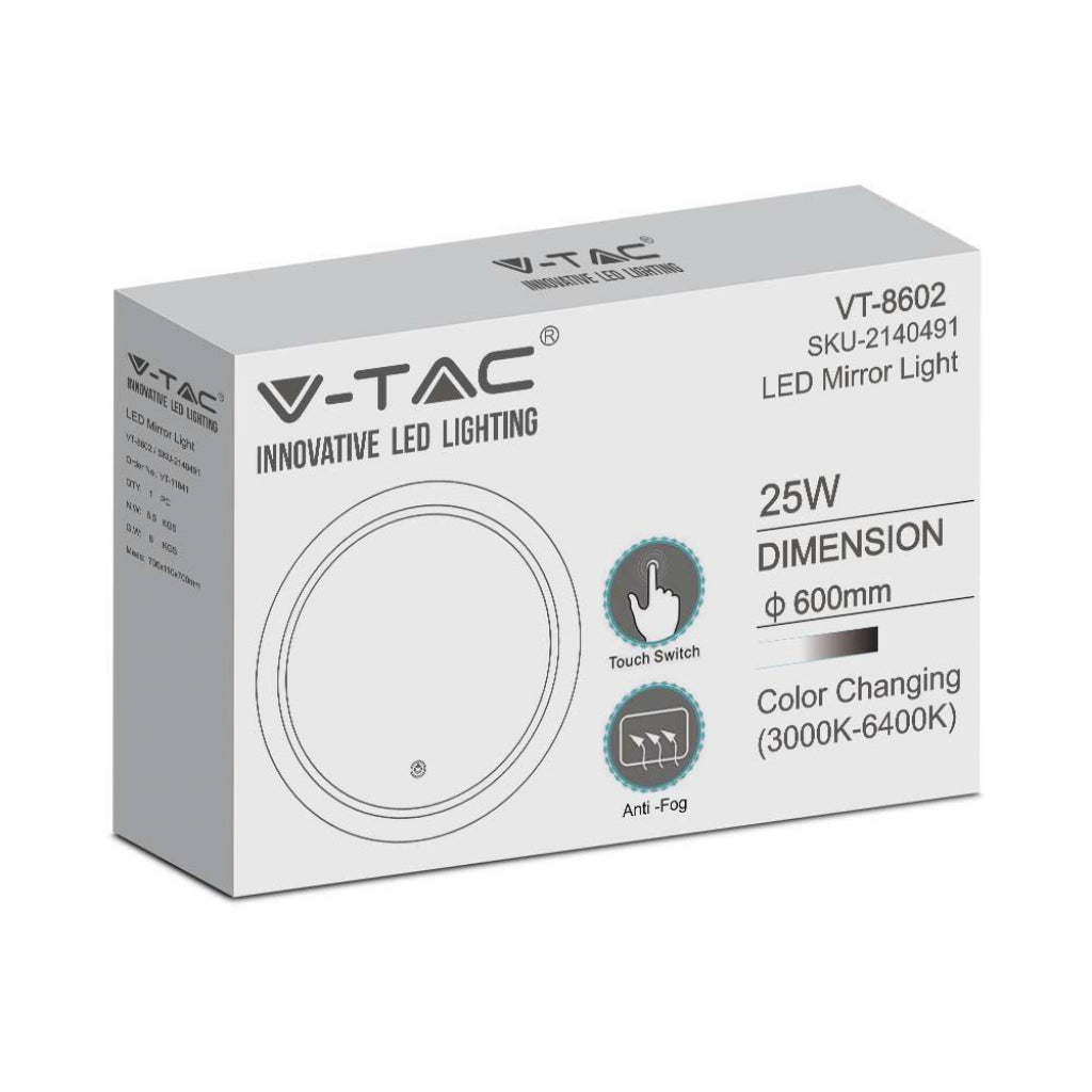 V-TAC Specchio LED Rotondo 25W con Sistema Anti-appannamento Interruttore Touch 3 in 1 IP44