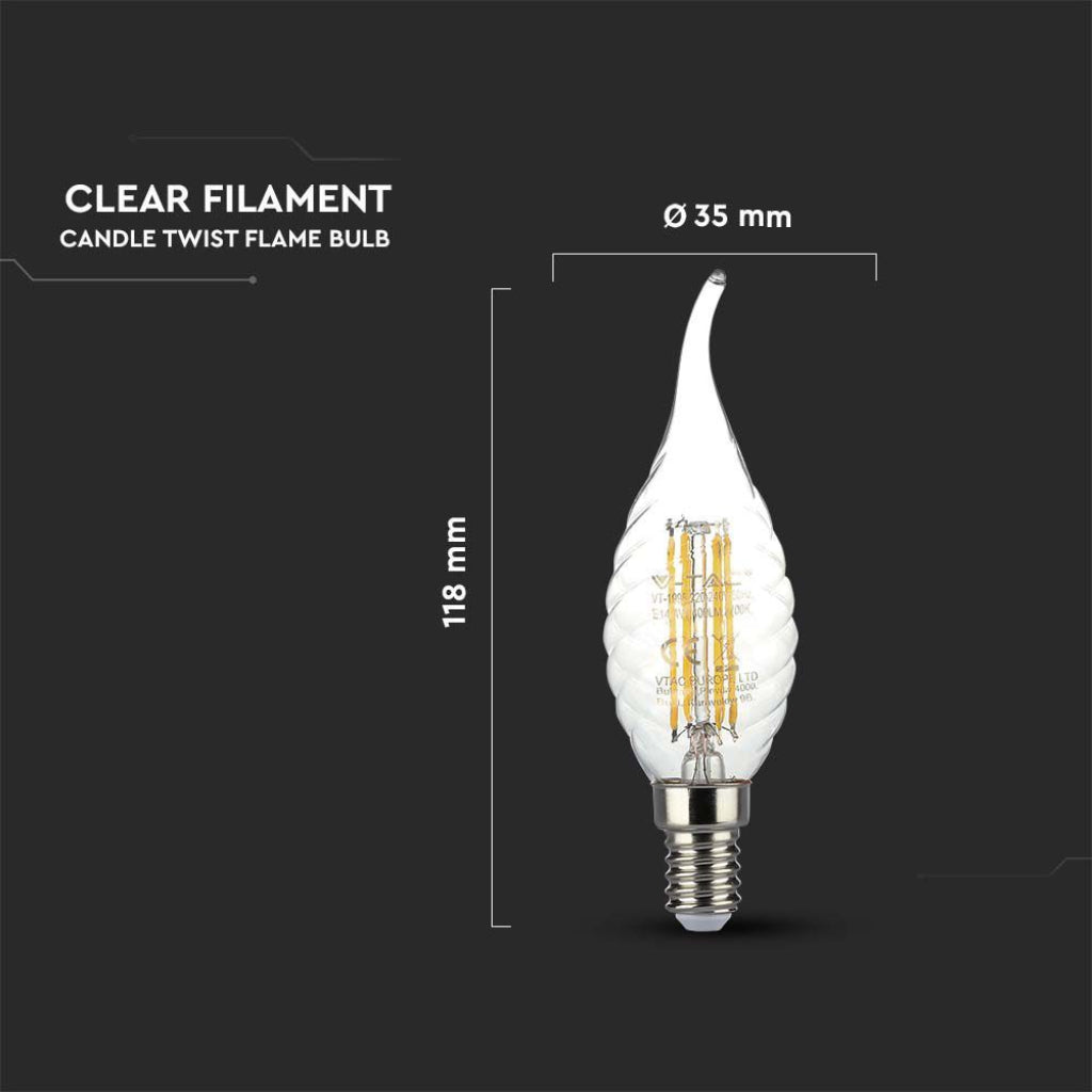 V-TAC Lampadina LED E14 4W 100LM/W Candela a Fiamma Tortiglione Filamento 3000K