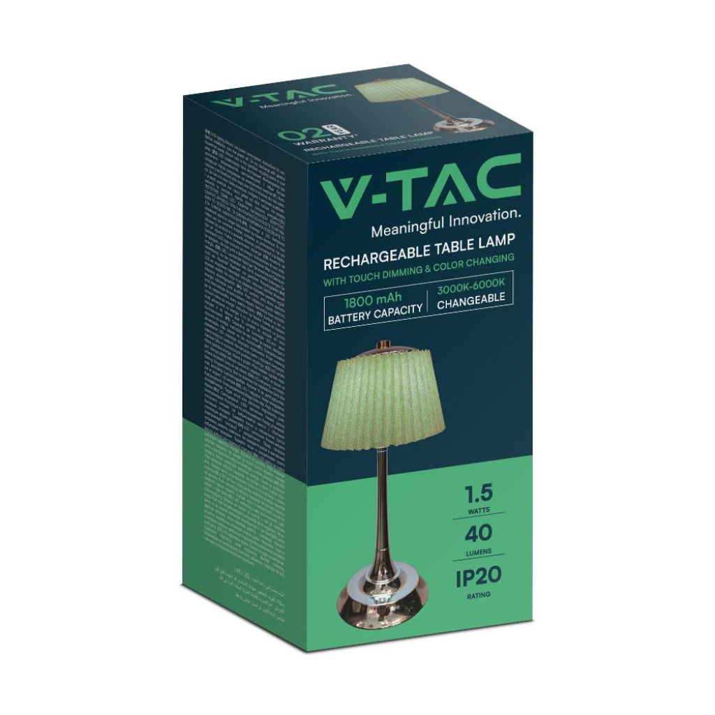 V-TAC Lampada LED da Tavolo 1.5W con Batteria Ricaricabile USB C Colore Verde Cromato Touch Dimmerabile 3in1