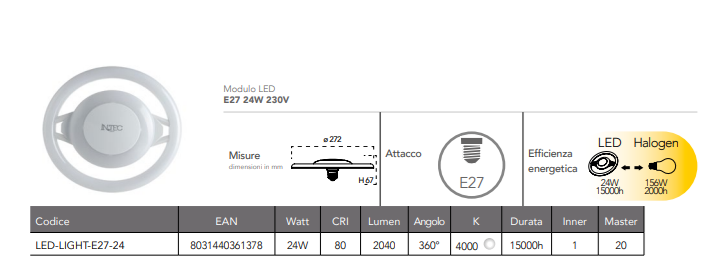 Circolare LED attacco E27 230V luce natura 4000°k