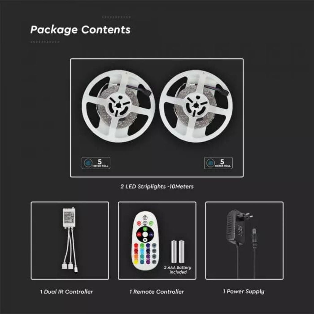 V-TAC Kit per Strip LED SMD5050 4,8W/m 30 LED/m RGB 2X5metri con Telecomando e Alimentatore