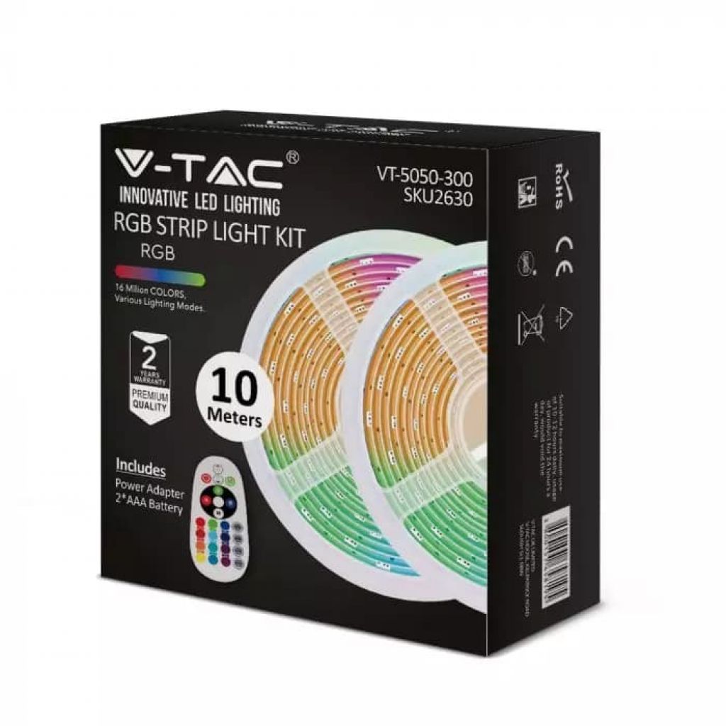 V-TAC Kit per Strip LED SMD5050 4,8W/m 30 LED/m RGB 2X5metri con Telecomando e Alimentatore