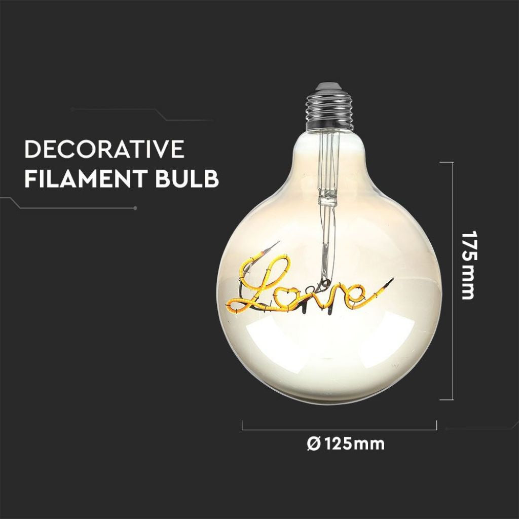 V-TAC Lampadina LED E27 5W G125 Filamento Ambrato Scritta Love 2200K