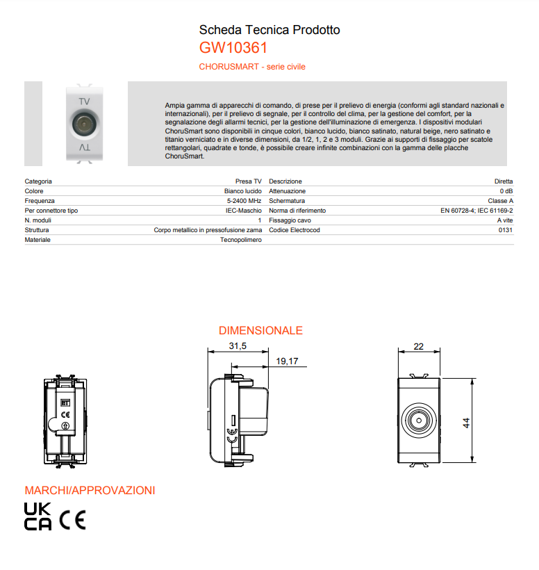 Presa tv diretta conn.maschio 9.5mm c/pass.corrente Gewiss Chorusmart 10361