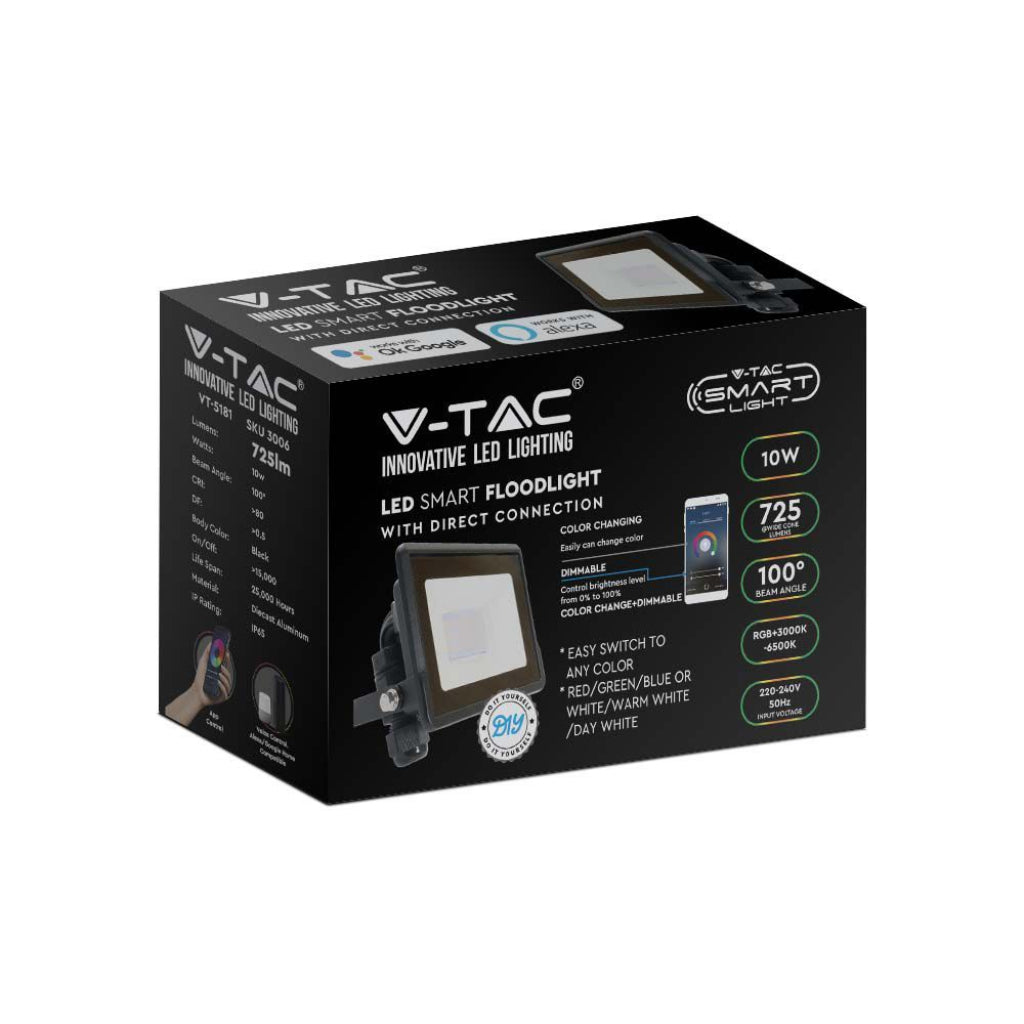 V-TAC Faro LED 10W Compatibile con Google Home e Amazon Alexa Tramite App V-Tac Smart RGB + 3000K + 6500K