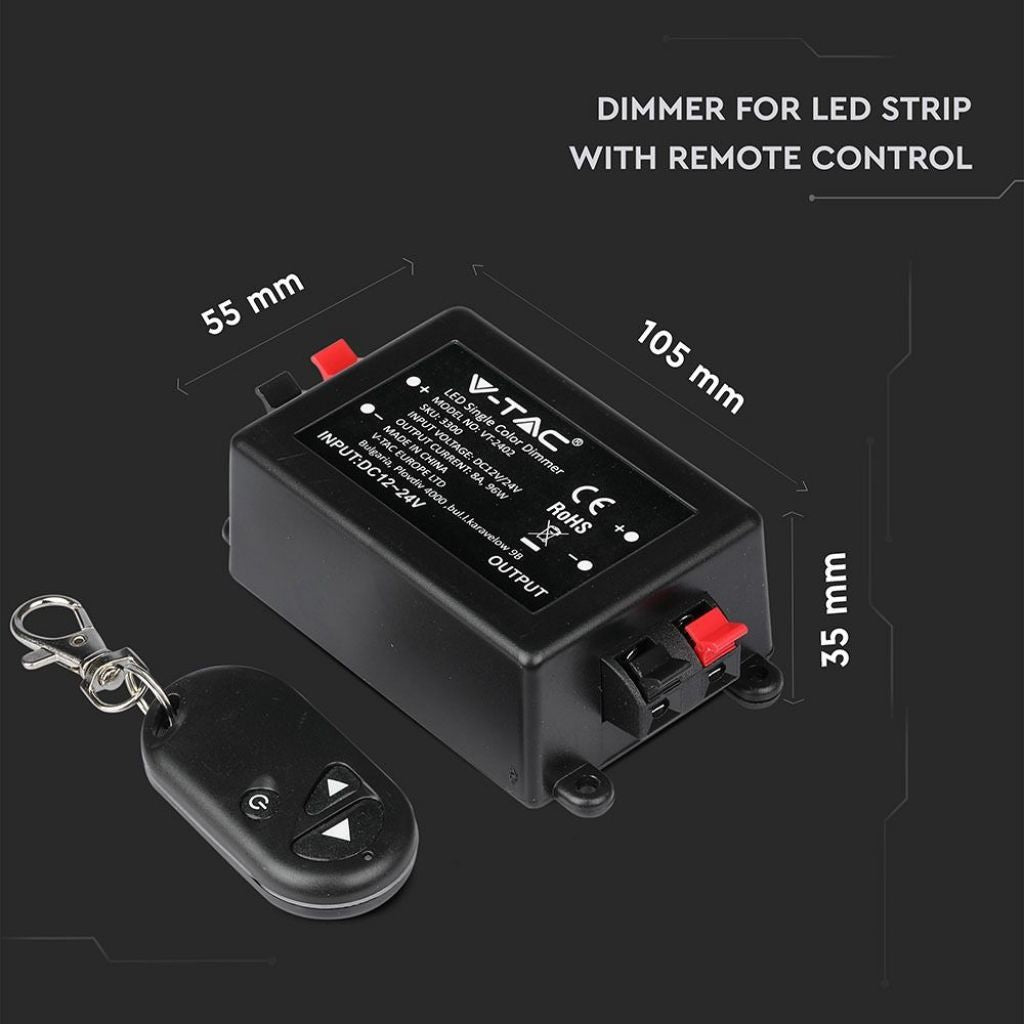 V-TAC Controller per Strip LED Dimmerabile con Telecomando 3 Tasti (Max 96W)