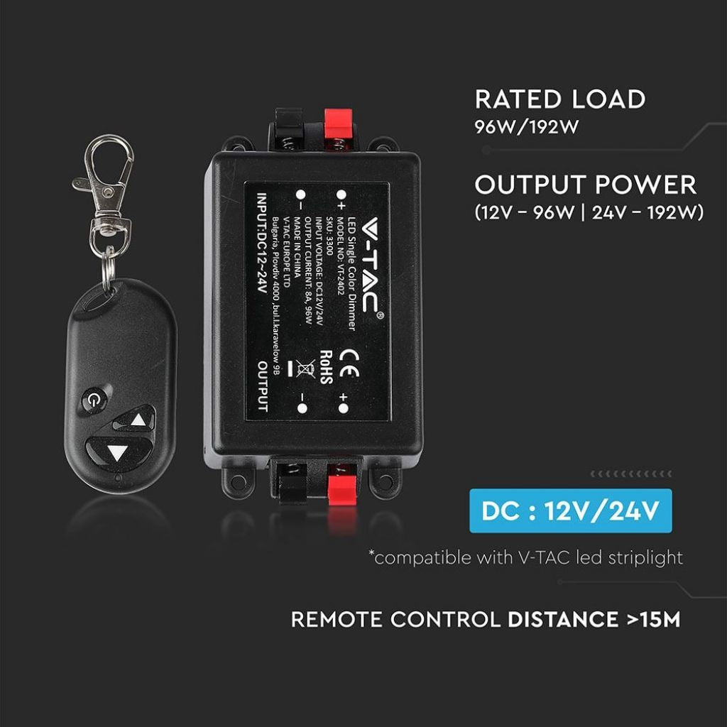 V-TAC Controller per Strip LED Dimmerabile con Telecomando 3 Tasti (Max 96W)