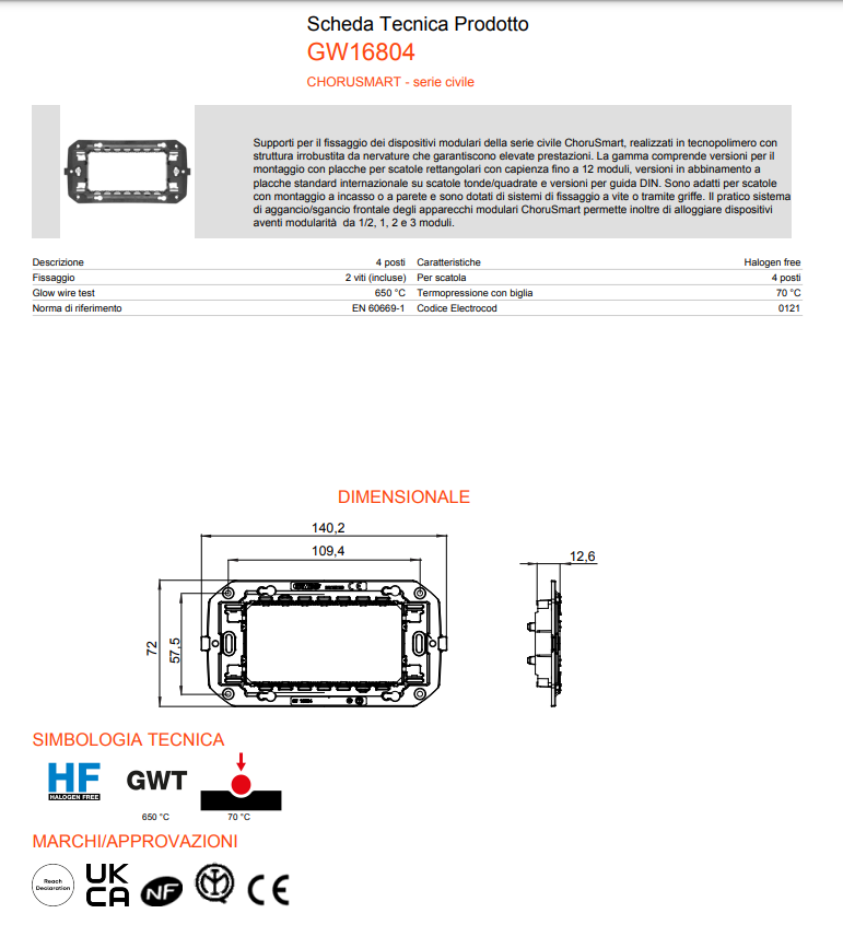 Supporto standard 4/6 posti Gewiss Chorusmart con viti incluse 16804-16806