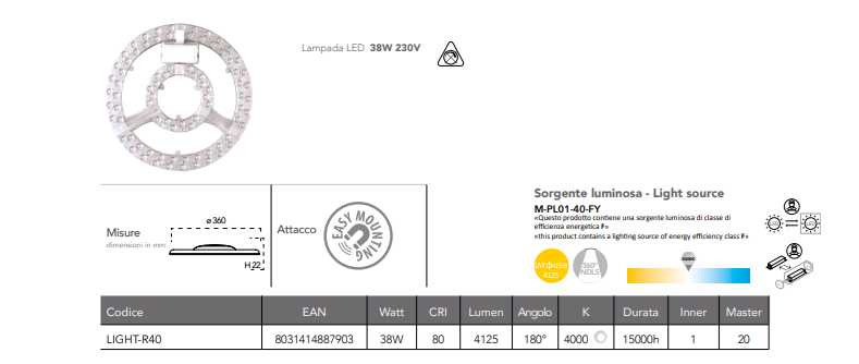 Lampada circolare LED attacco elettrico con morsetti 230V fissaggio a calamita luce natura 4000°k