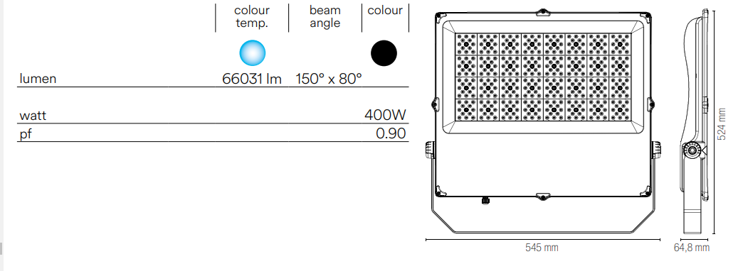 Proiettore led per esterno IP66 in alluminio nero diffusore vetro 400W 66031LM luce fredda 6000°k GIOVE