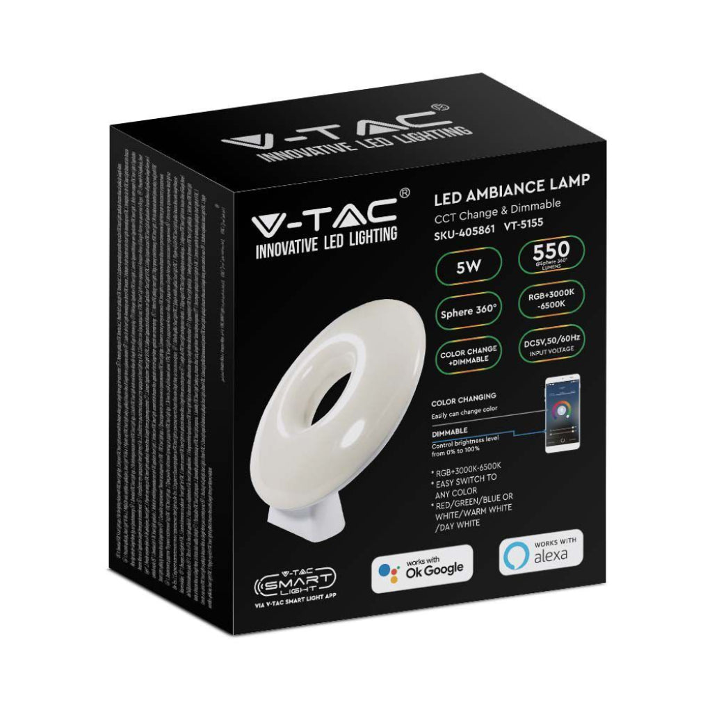 V-TAC Lampada LED da Tavolo 4W Colore Bianco WiFi Compatibile con Google Home e Amazon Alexa RGB