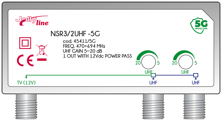 Amplificatore da palo 2 ingressi UHF 1 uscita regolabile 20dB 5G JOL45411/5G