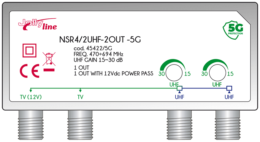 Amplificatore da palo 2 ingressi UHF regolabile 30dB 2 uscite 1+1CC 5G