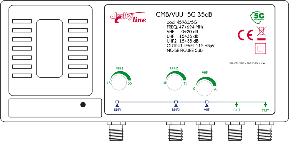 Centralino da muro 3 ingressi separati regolabili - VHF, UHF, e UHF - attacco F - 115dBµV - 35 dB - con filtro 5G certificato JOL45981