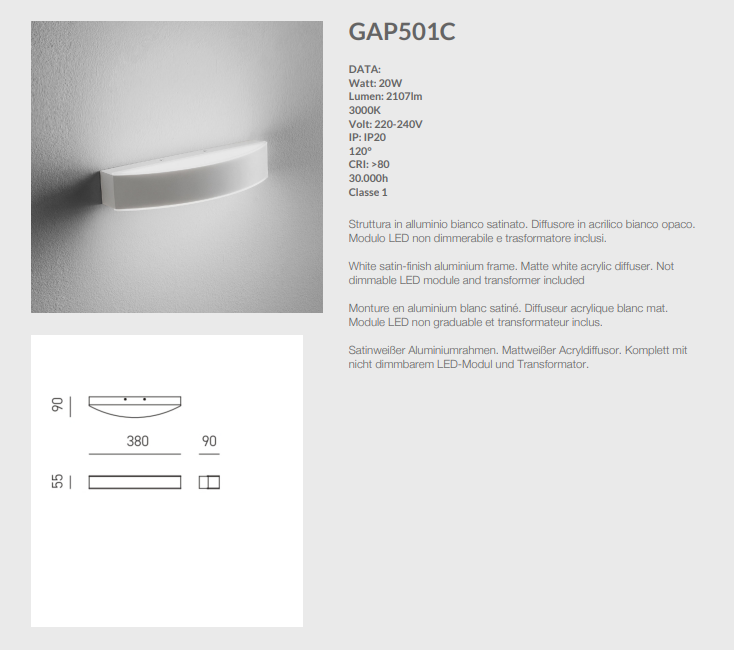 GEALUCE Applique in alluminio bianco satinato. LED GAP ARCO