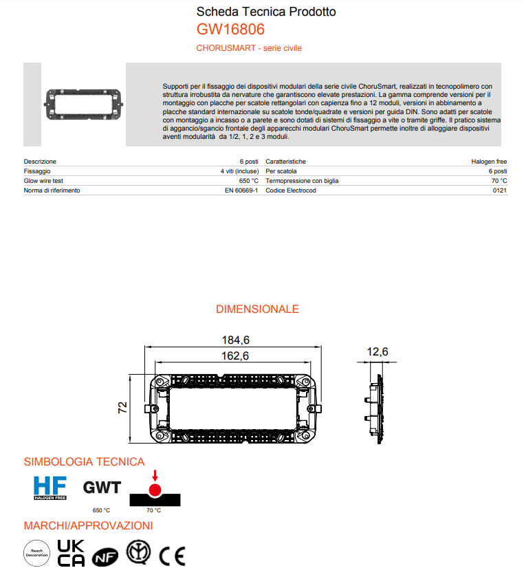 Supporto standard 4/6 posti Gewiss Chorusmart con viti incluse 16804-16806