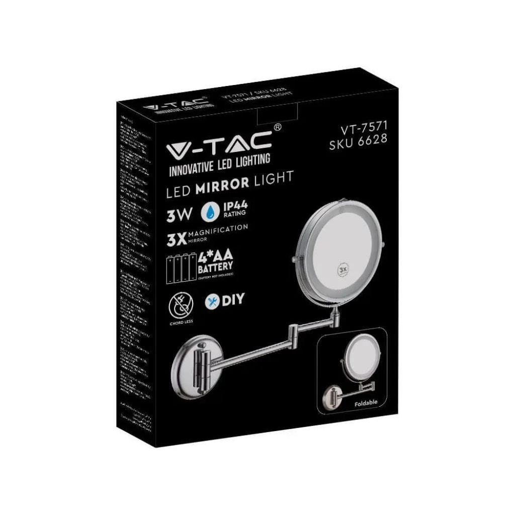 V-TAC Specchio LED Rotondo 3W Bifacciale Rotabile 360° con Braccio Estendibile e Ingranditore 6400K IP44