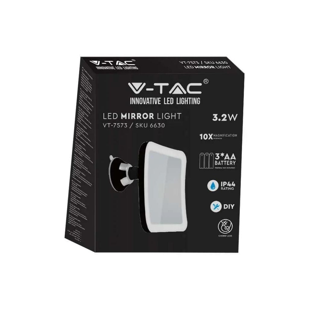 V-TAC Specchio LED Quadrato 3.2W Portatile con Ventosa e Ingranditore 6400K IP44