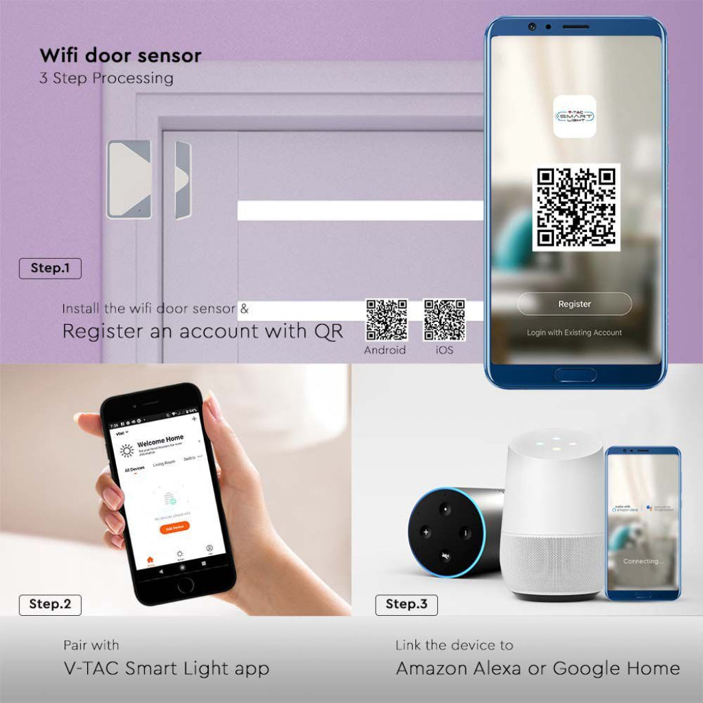 V-TAC Sensore di Porte con Controllo WiFi Colore Bianco Compatibile con Google Home e Amazon Alexa