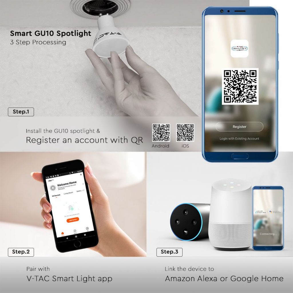 V-TAC Faretto LED GU10 4,5W Compatibile con Google Home e Amazon Alexa Tramite App V-Tac Smart 3 in 1 Dimmerabile