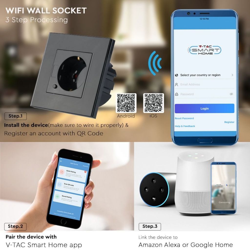 V-TAC Presa Wifi EU da Muro Compatibile ad Amazon Alexa Google Home e Nest Colore Nero