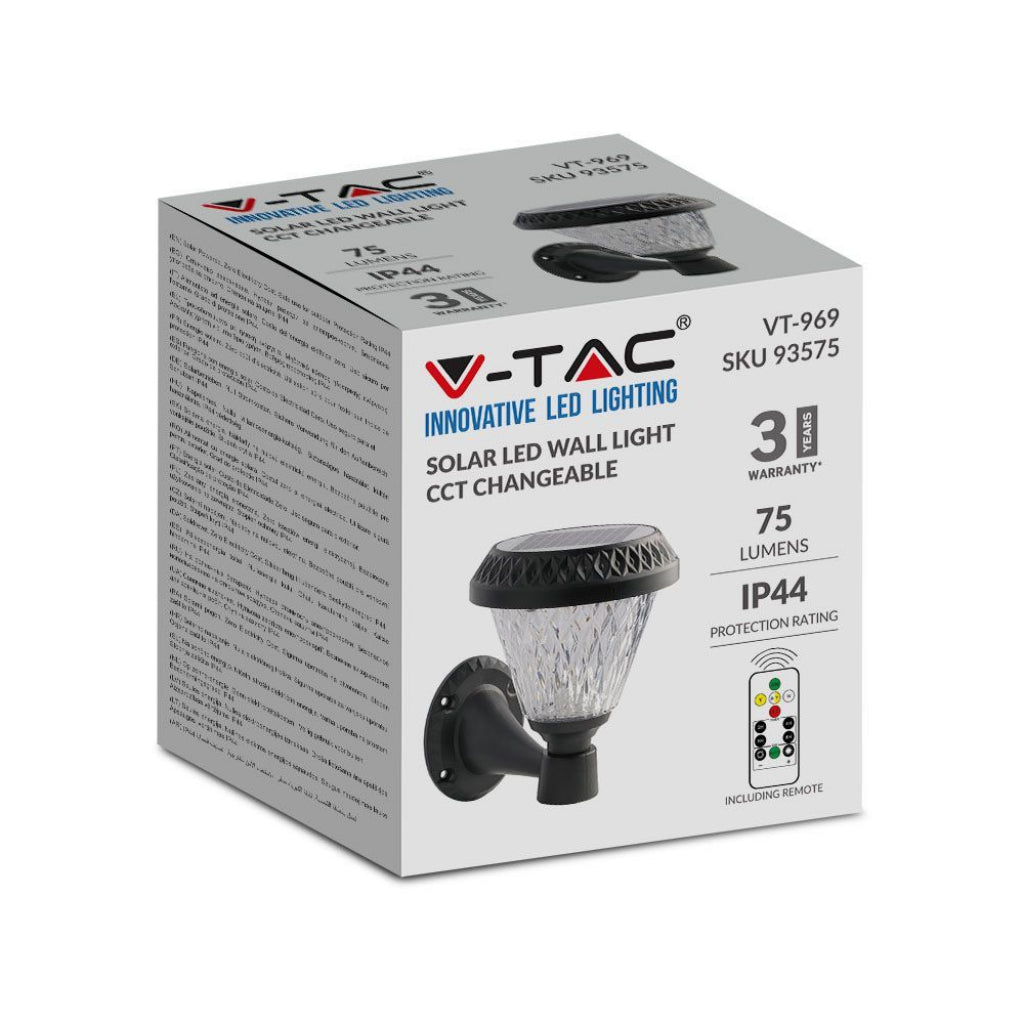 V-TAC Lampada LED Solare da muro 0,8W a Cono con Telecomando Colore Nero 3in1 IP44