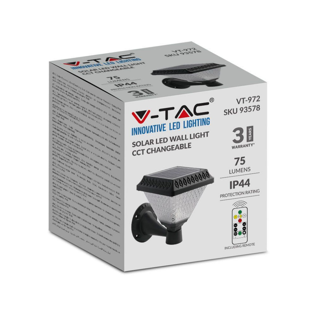 V-TAC Lampada LED Solare da muro 0,8W a Piramide con Telecomando Colore Nero 3in1 IP44