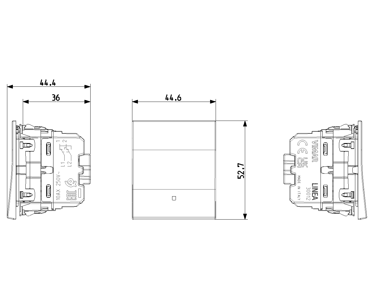 Invertitore 1P 10 AX 250 V~ allineato illuminabile, tasto sostituibile 2 moduli Vimar Linea bianco-nero-canapa 30012.2B/G/C