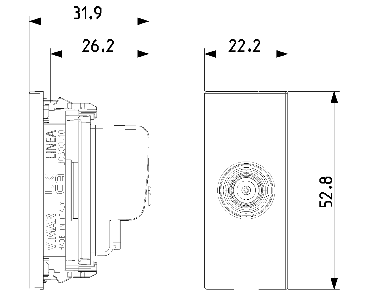 Presa coassiale TV-RD-SAT, 5-2400 MHz, passante, con connettore maschio, attenuazione di derivazione 10 dB Vimar Linea bianco-nero-canapa 30300.10B/G/C