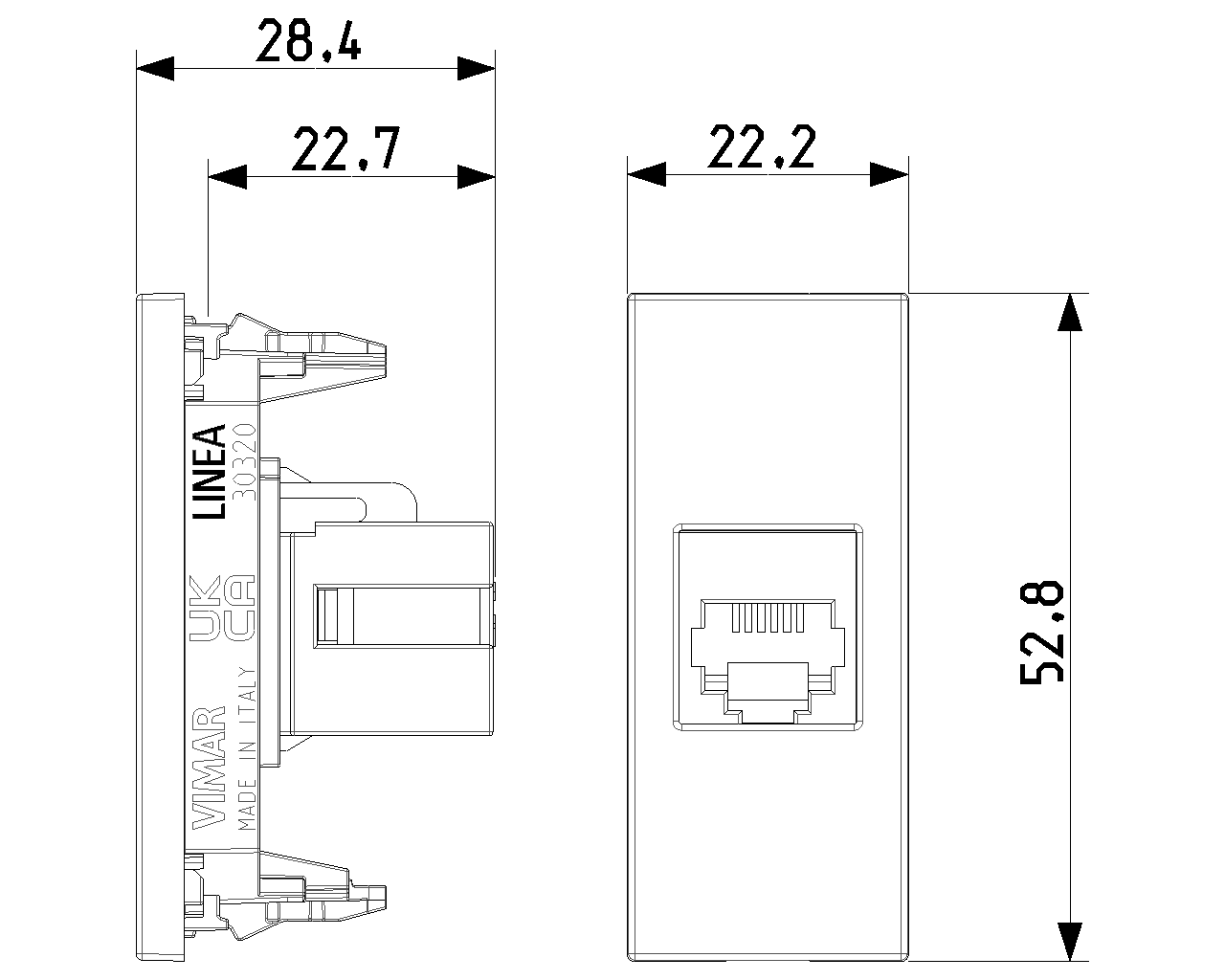 Presa RJ11, 6 posizioni 4 contatti (6/4), morsetti a vite Vimar Linea bianco-nero-canapa 30320.B/G/C